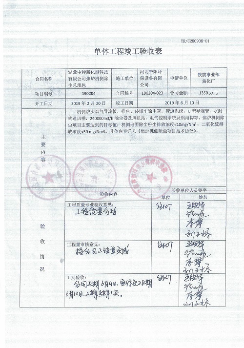 湖北焦炉机侧除尘验收报告